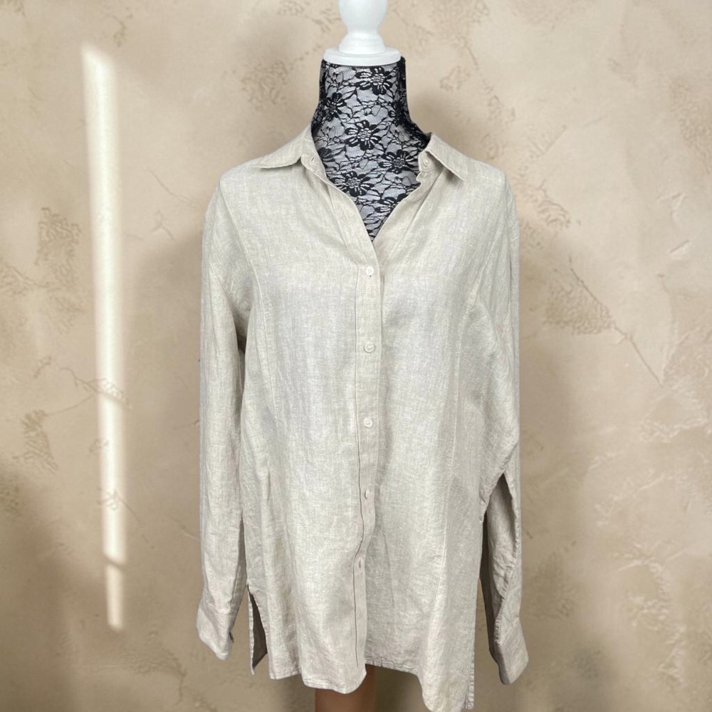 Linen Button Down Shirt Long Sleeve Collared Casual Minimalist Coastal XL Resort